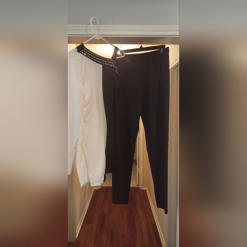 Two pieces, tights and long sleeves,  off the shoulder